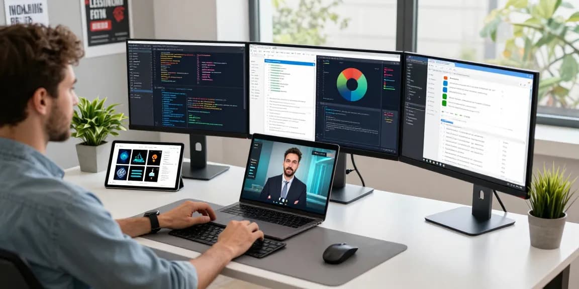 Dynamic tech workspace highlighting advanced tools and coding interfaces for teiegramin.com