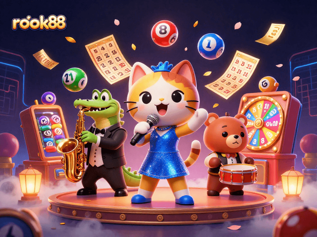 Engage with rokok88 while enjoying a vibrant casino-themed illustration featuring a singing cat, saxophone crocodile, and drum bear.
