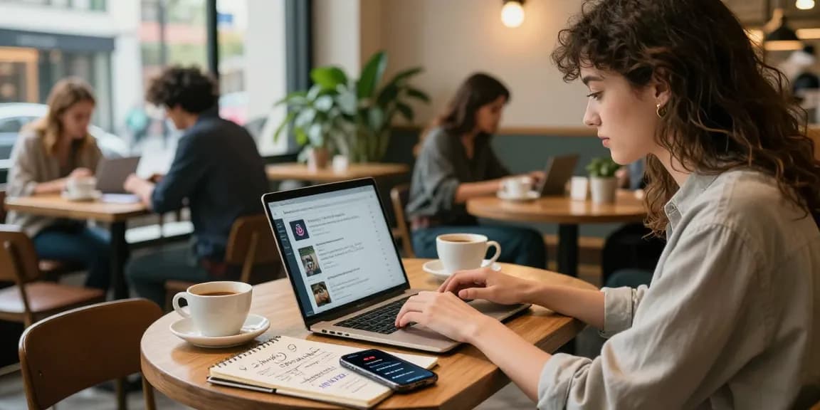 Young influencer analyzing Instagram insights to gain real followers for your account in a vibrant café.
