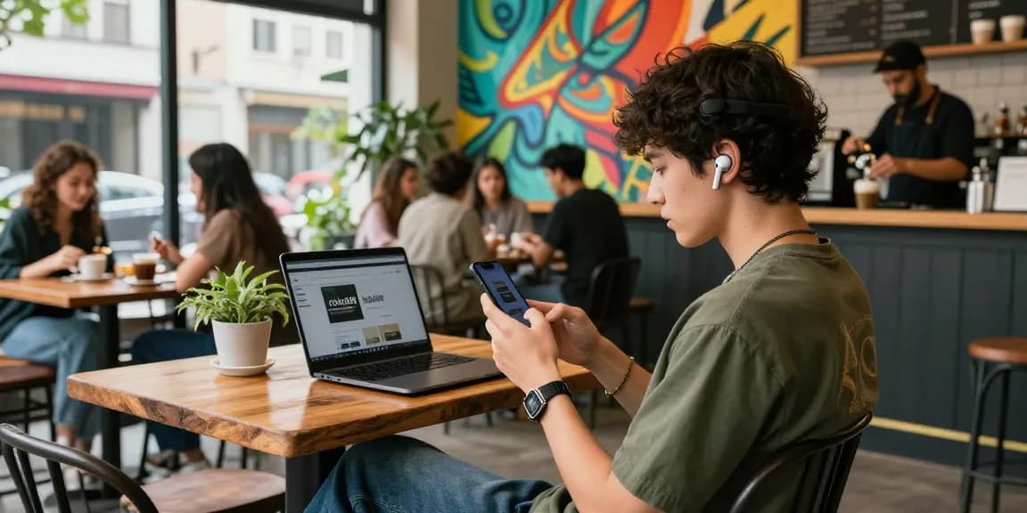 Urban lifestyle image featuring rokok88 on a laptop in a vibrant café setting, showcasing stylish streetwear and social interactions.