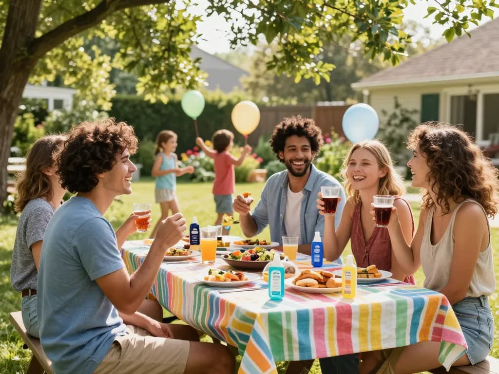 A vibrant summer gathering showcasing friends enjoying a barbecue while using the best mosquito repellent to stay comfortable outdoors.