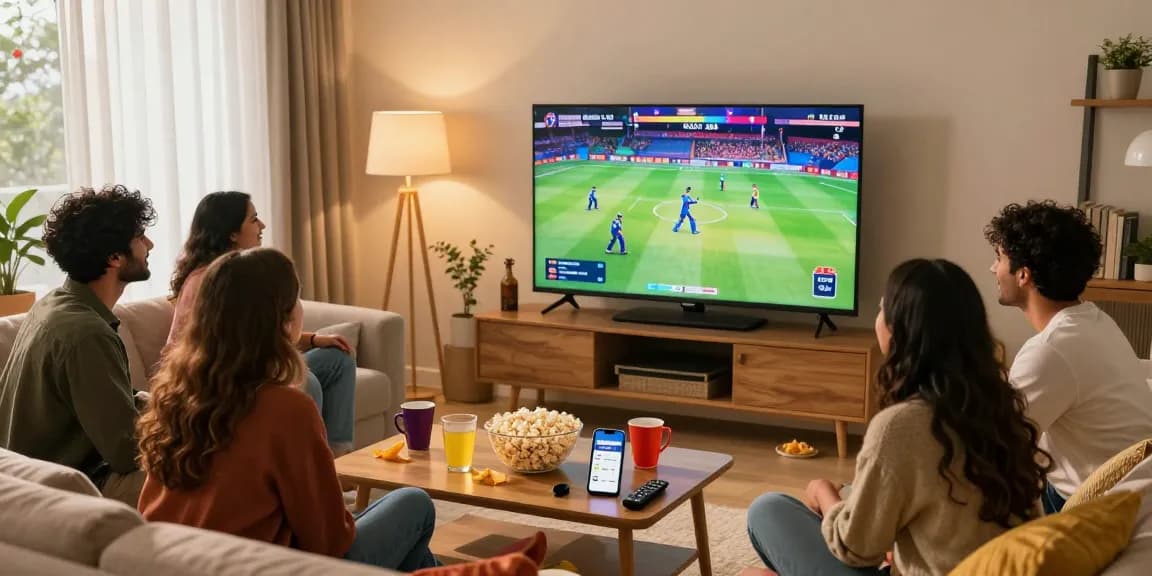 Friends enjoying Pikashow live streaming on a cozy couch during IPL Cricket 2026.