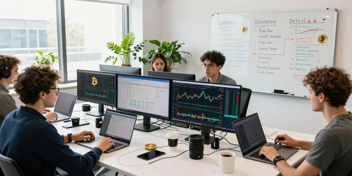 crypto cloud mining strategies discussed in a vibrant office with multiple screens, highlighting blockchain insights and trading activities