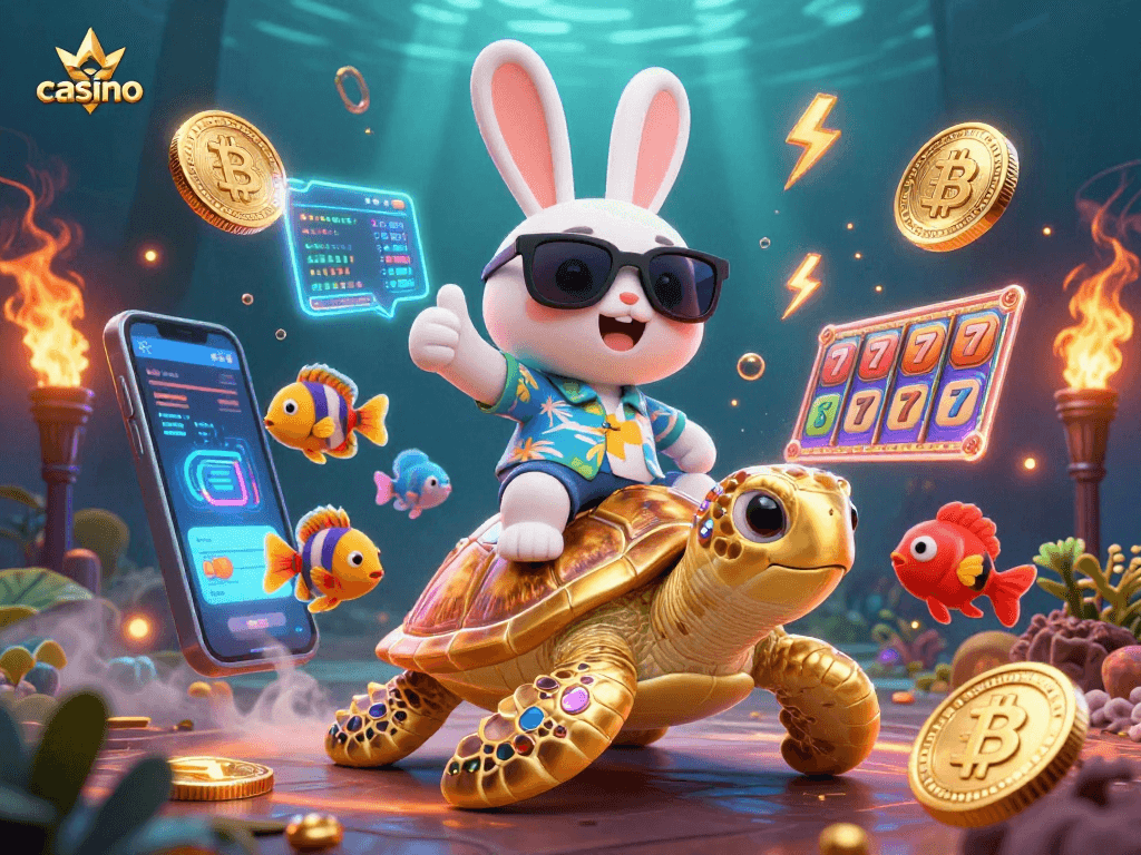 Spark winning moments at the casino with a vibrant 3D illustration featuring a lucky rabbit and golden sea turtle.