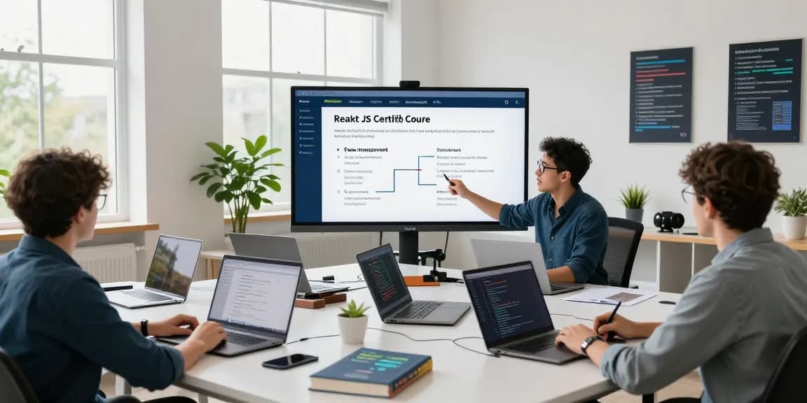 Online classroom with instructor teaching a React JS certification course to engaged students, showcasing modern learning experience.