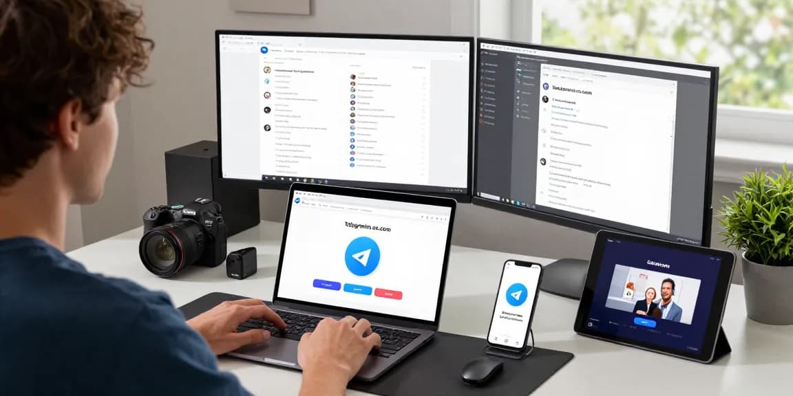 Engaged user setting up telegramin-cn.com across devices in a modern workspace.