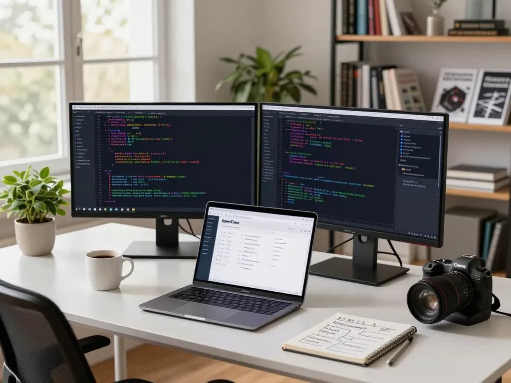 Developer using OpenClaw in a vibrant tech workspace with coding displays and a productive atmosphere.