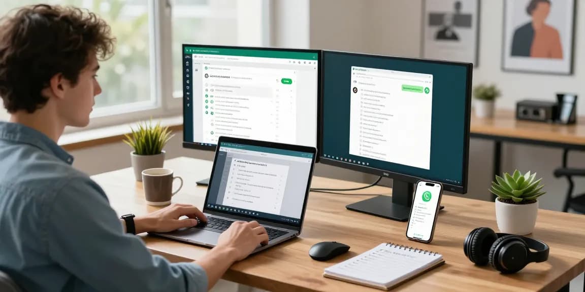 WhatsApp網頁版 interface shown on multiple monitors in an engaging workspace setup.