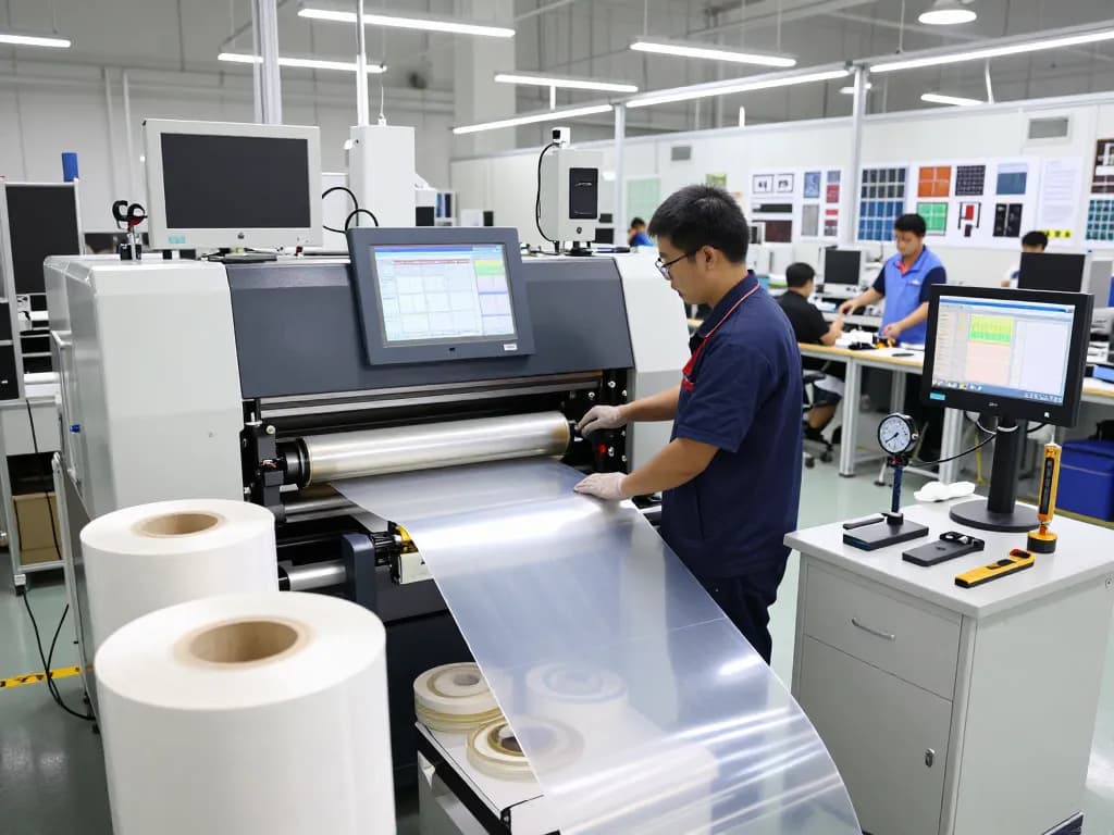 bóc ép dẻo plastic lamination process in a modern manufacturing facility with technicians and machinery.
