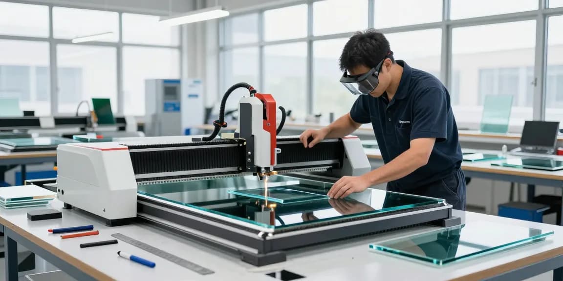 CNC glass cutting machine in action with technician focused on precision cutting for custom glass projects.