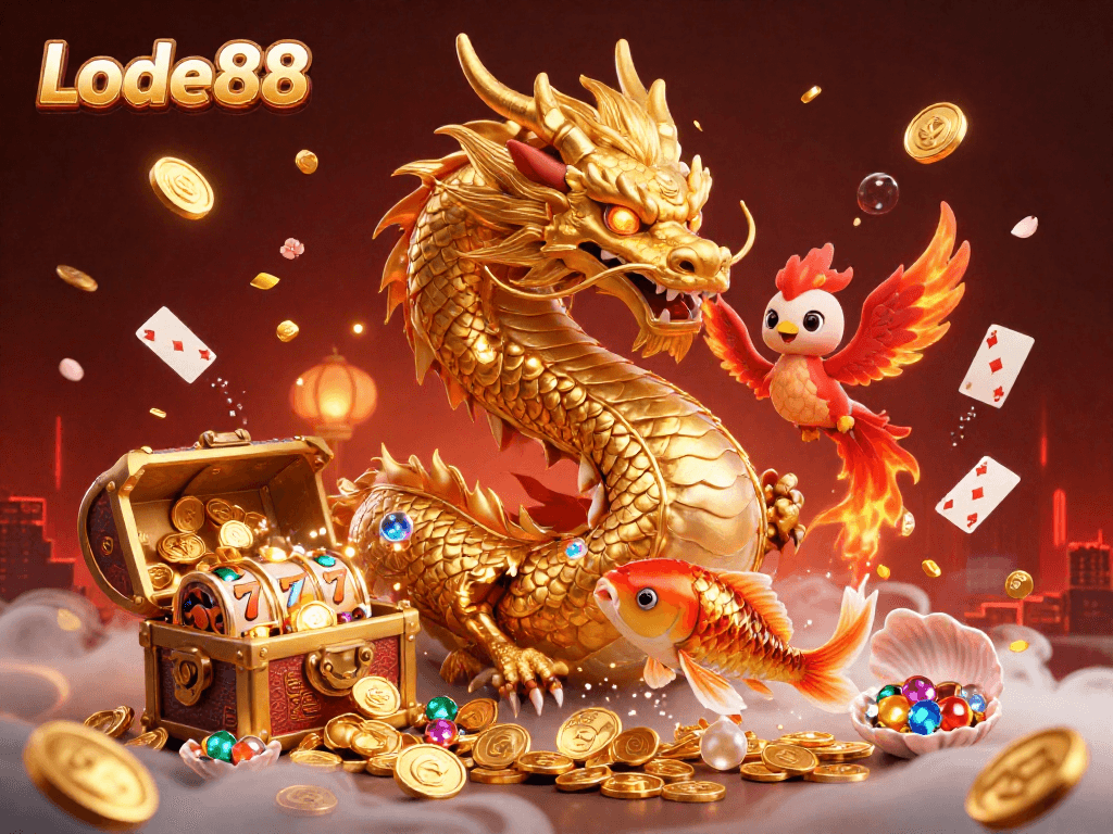 Experience Lode88's thrilling gameplay with vibrant casino elements, including a gold dragon and phoenix.