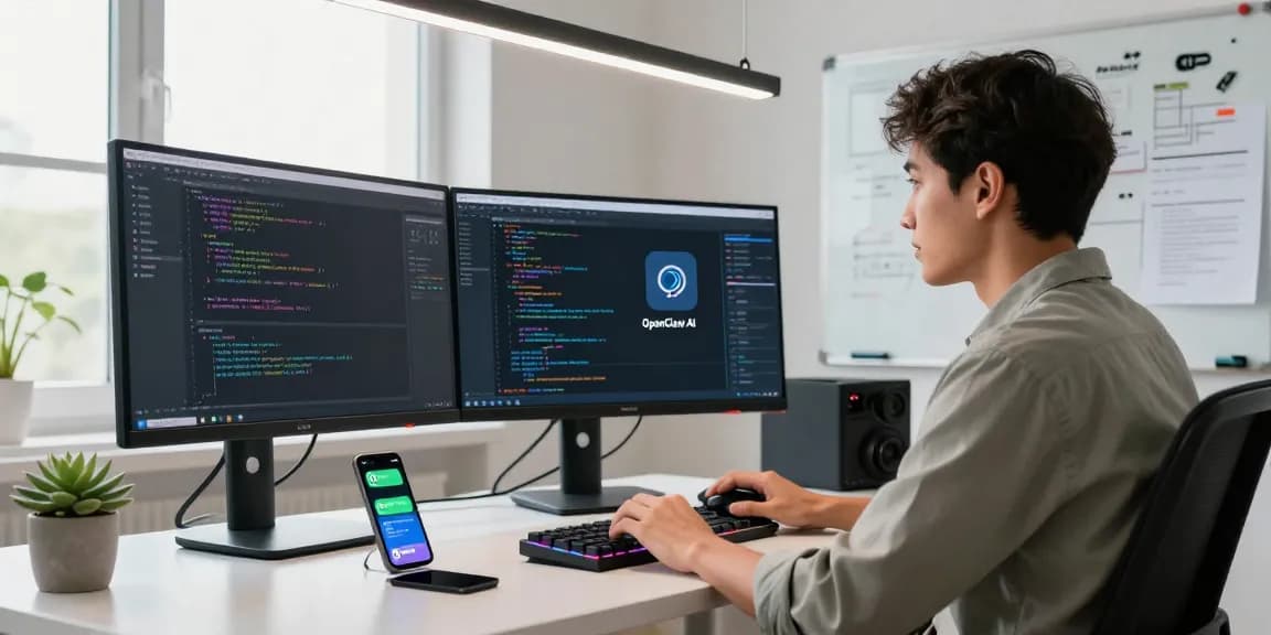 IT professional using clawbot in a modern home office, showcasing automation and productivity.