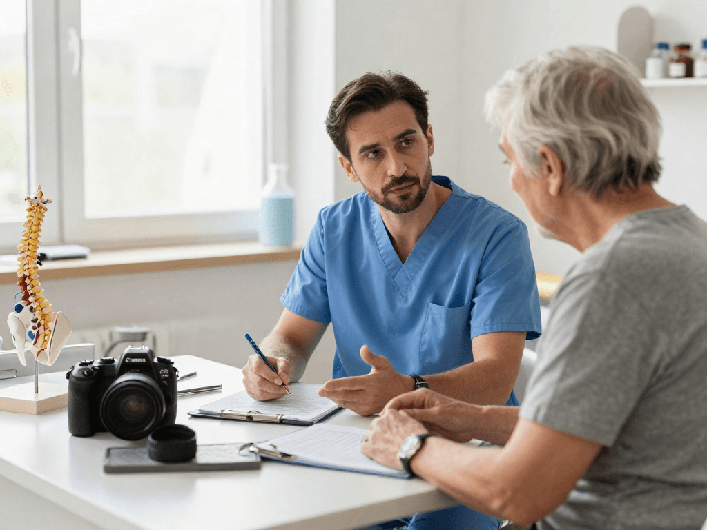 Discussion about dar kanal ameliyatı between a doctor and an elderly patient in a bright clinic.
