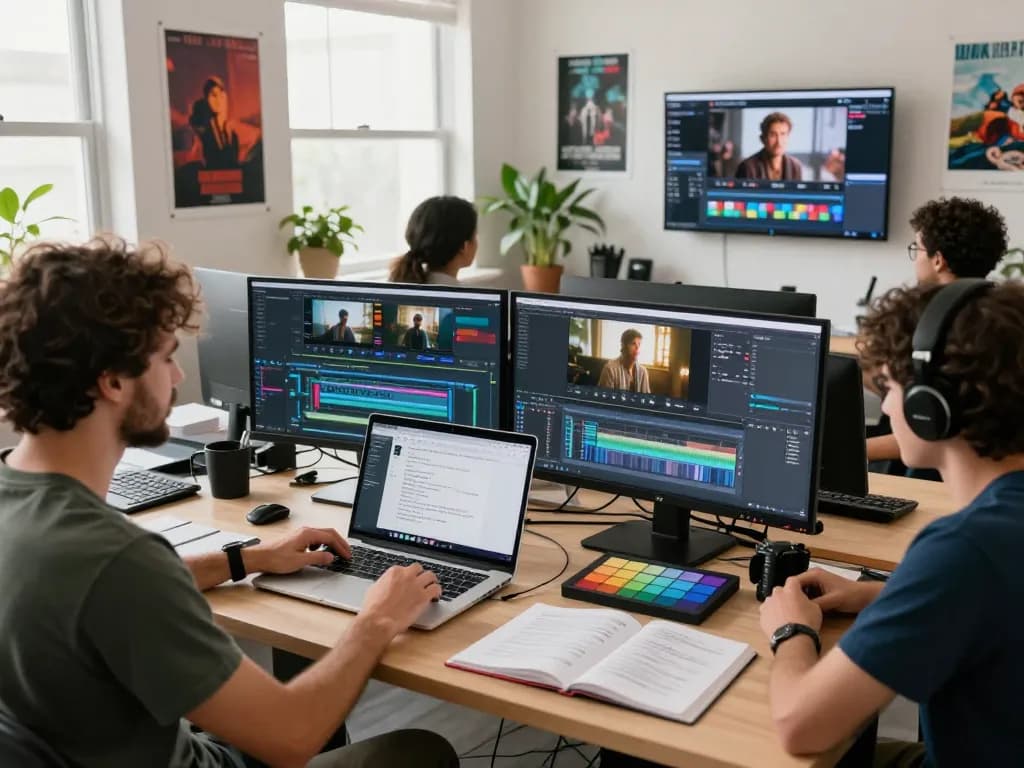 Collaboration in a video to prompt workspace, showcasing creators analyzing and generating AI video prompts in a dynamic environment.