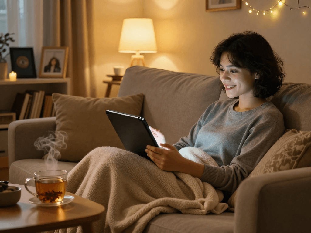 Sexting AI in a cozy home workspace setting with warm lighting and personal touches.