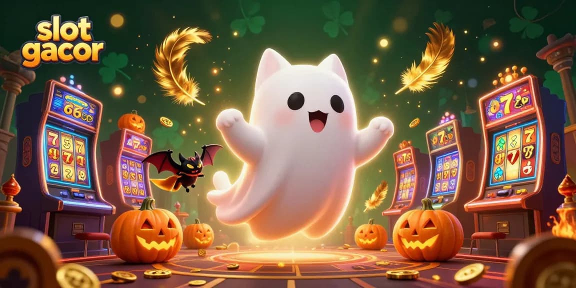 Experience slot gacor thrills with a friendly ghost cat and vibrant gaming elements in this lively illustration.