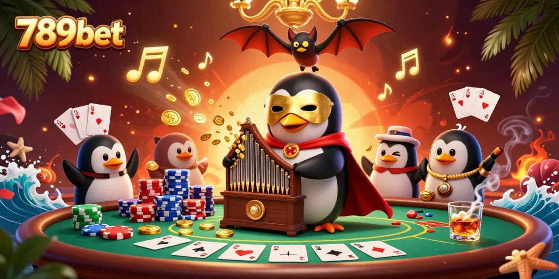 Experience thrilling gaming with 789bet as the penguin plays a golden organ, shooting coins.