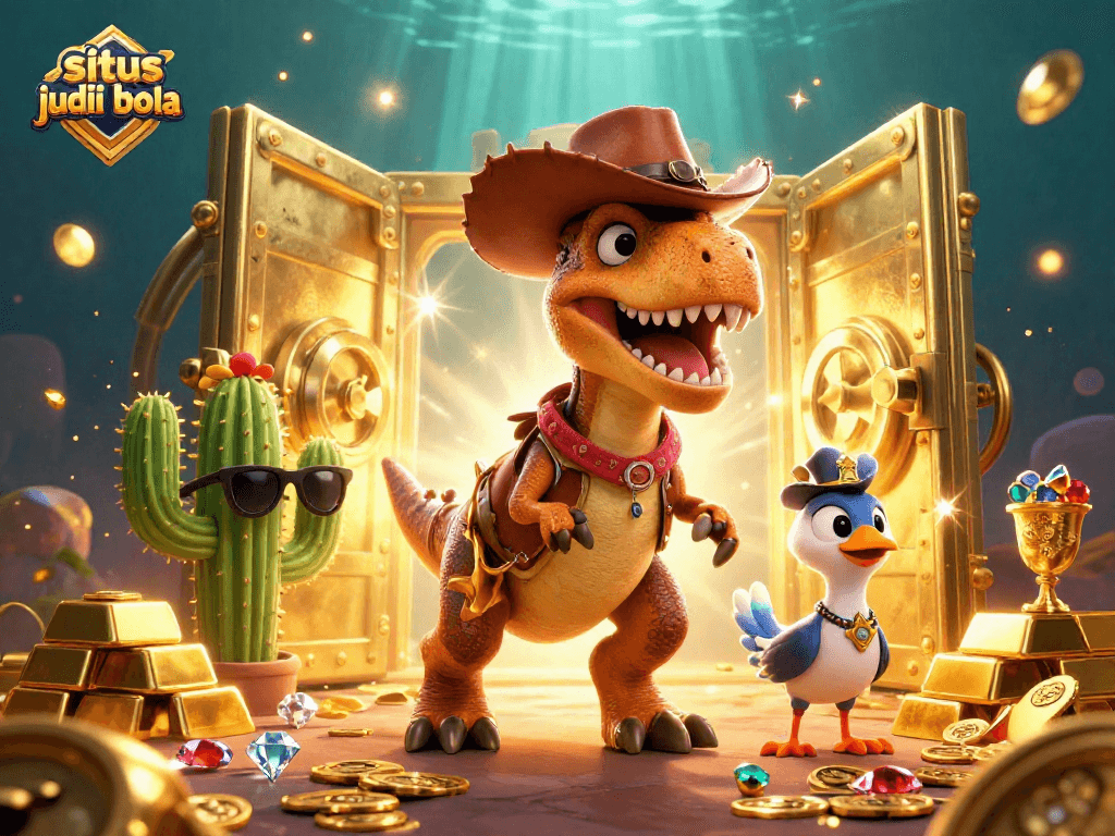 Bet on situs judi bola with a fun 3D cowboy dinosaur and friends in a treasure-filled scene.