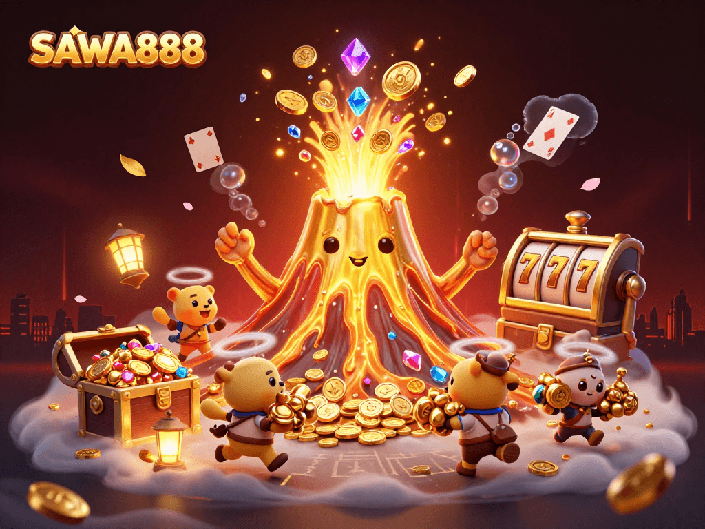 SAWA888's triumphant golden volcano erupts with gems and coins, embodying exciting casino adventures.