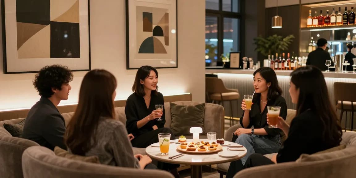 강남쩜오 멀리건에서 편안하게 대화 중인 친구들, 고급스러운 분위기와 세련된 인테리어가 돋보입니다.