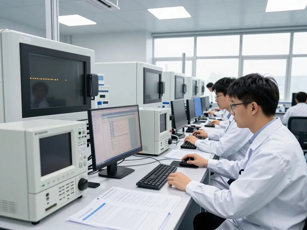 Engineers performing compliance testing in a state-of-the-art laboratory.