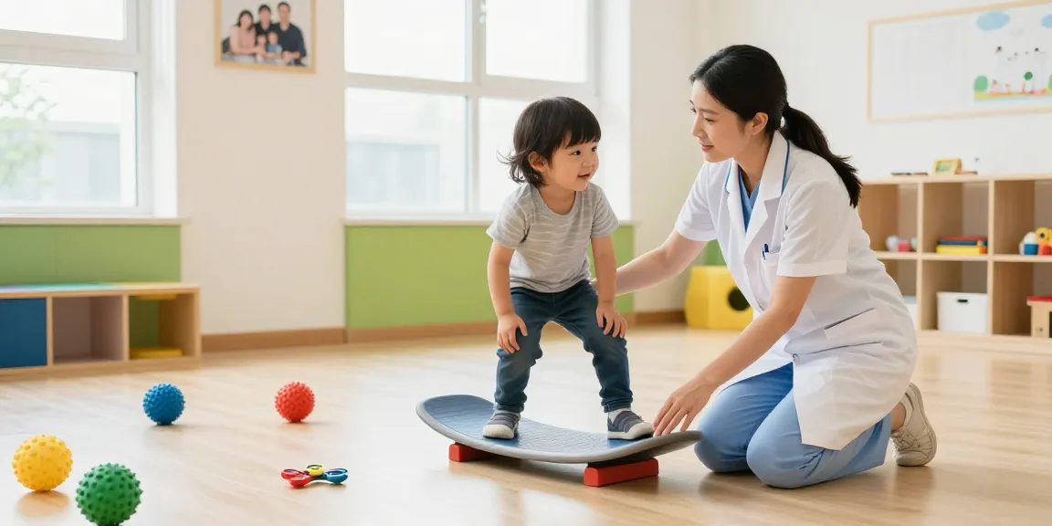 Occupational therapist near me helping a child improve motor skills in a bright therapy room.