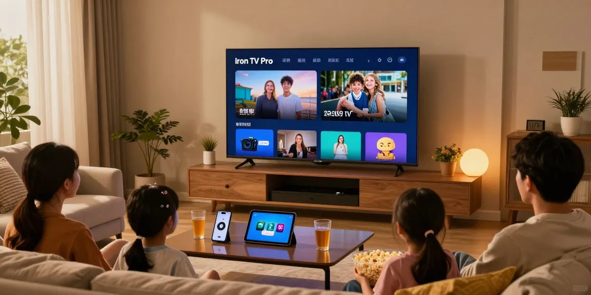 Family enjoying movie night with Iron TV Pro in a cozy living room.