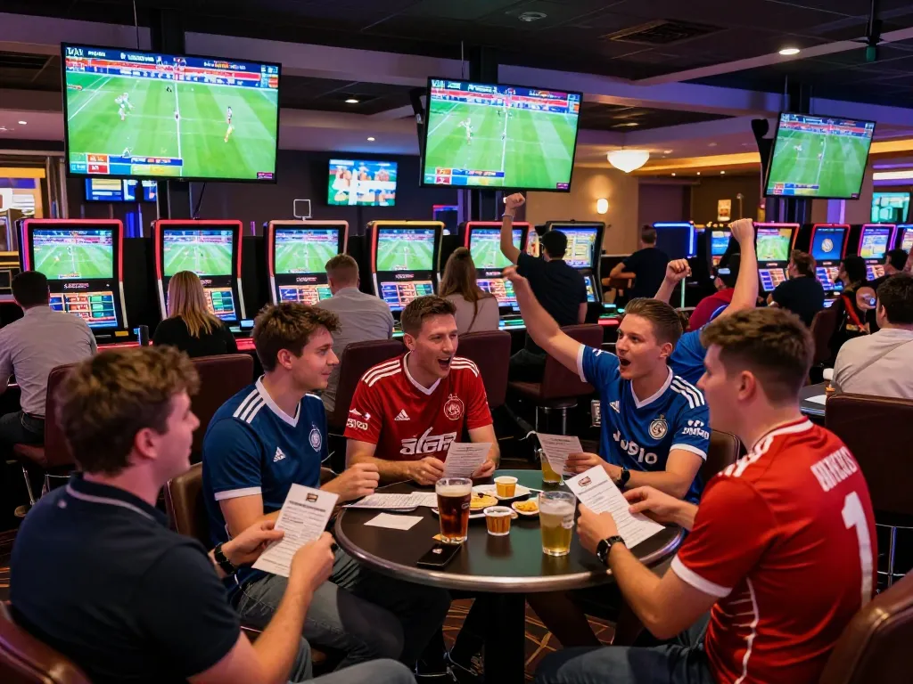 Engaged bettors at go8 cheer for Bundesliga matches while placing exciting sports bets