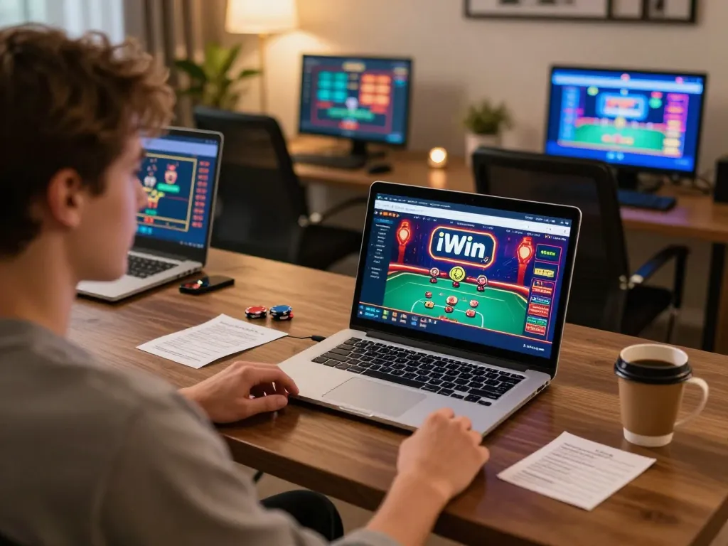 Engaged player using iWin online casino at home, showcasing poker game interface and betting notes.