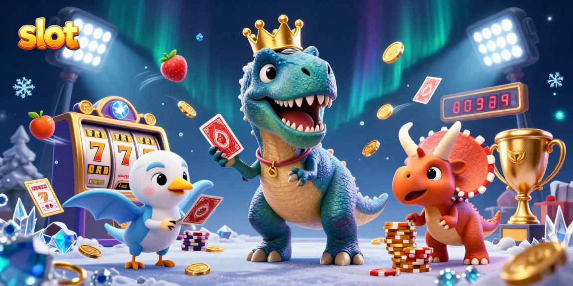 Spin to win on slot with playful dinosaurs stacking chips and shuffling cards.