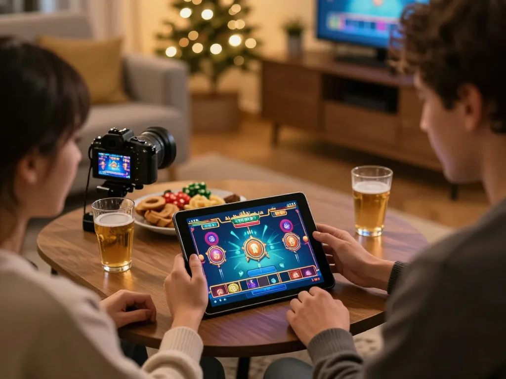 Players enjoy online slots on a tablet during a festive gaming night, featuring mdg188.