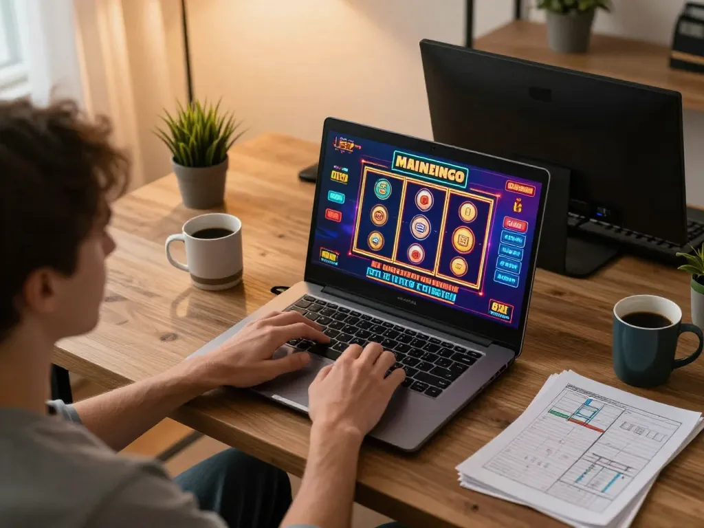 Player engaged in online gambling at 78wingo, enjoying vibrant casino games on a laptop