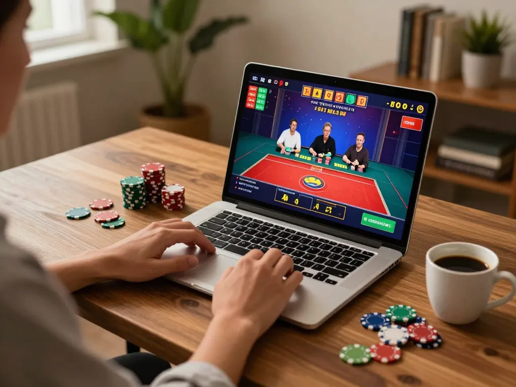 Player strategizing on O8 platform using laptop, showcasing engaging online casino scene.