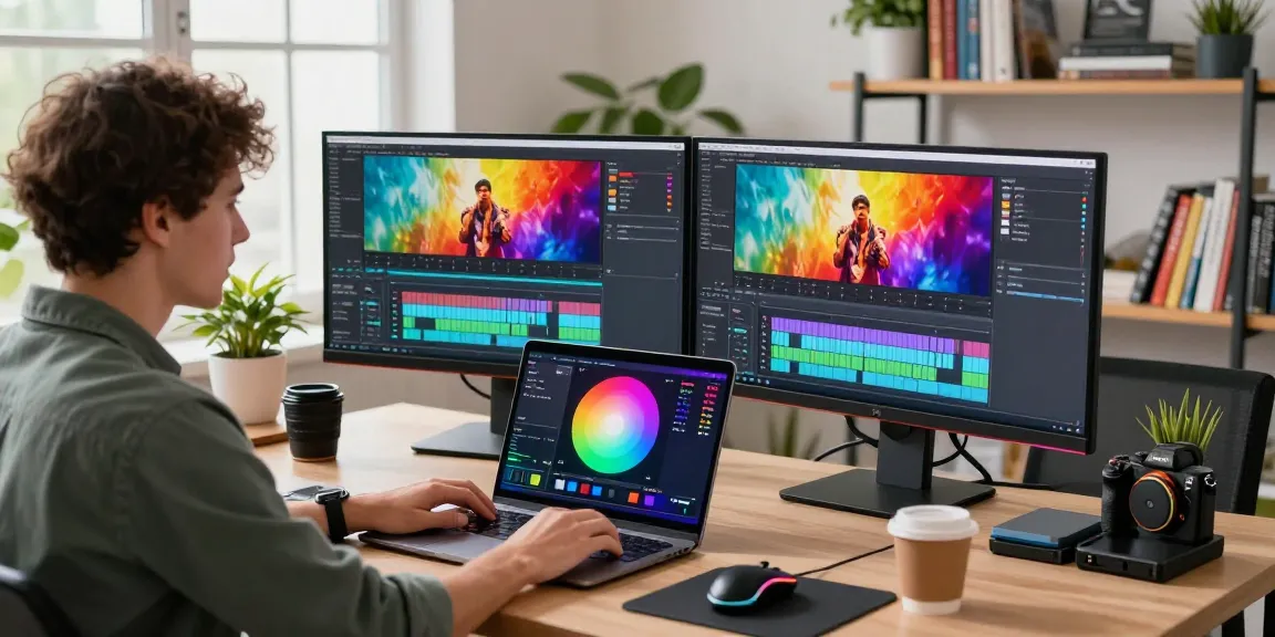 Learn color correction and cinematic grading in an engaging video editing studio with vibrant screens and tools.
