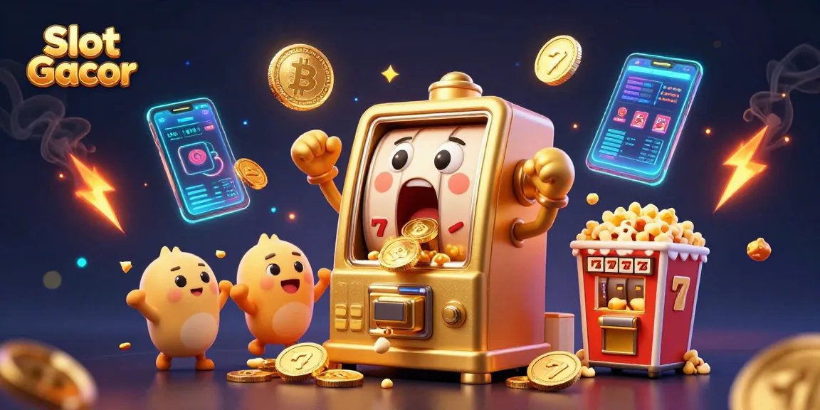 Experience Slot Gacor thrills with a joyous golden slot machine hitting jackpot, surrounded by cheering machines.