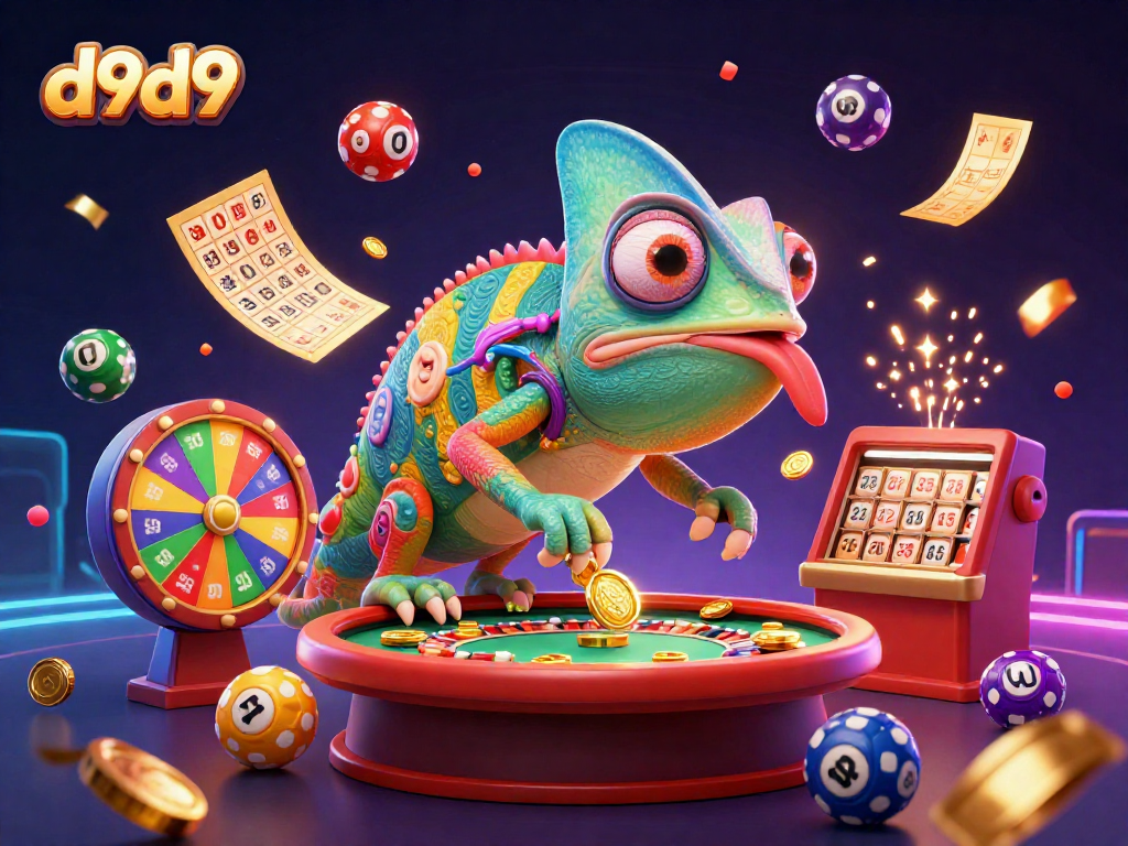 d9d9 bumabagsak ng mga bola ng lotto habang ang chameleon ay kumukuha ng mga gintong barya.