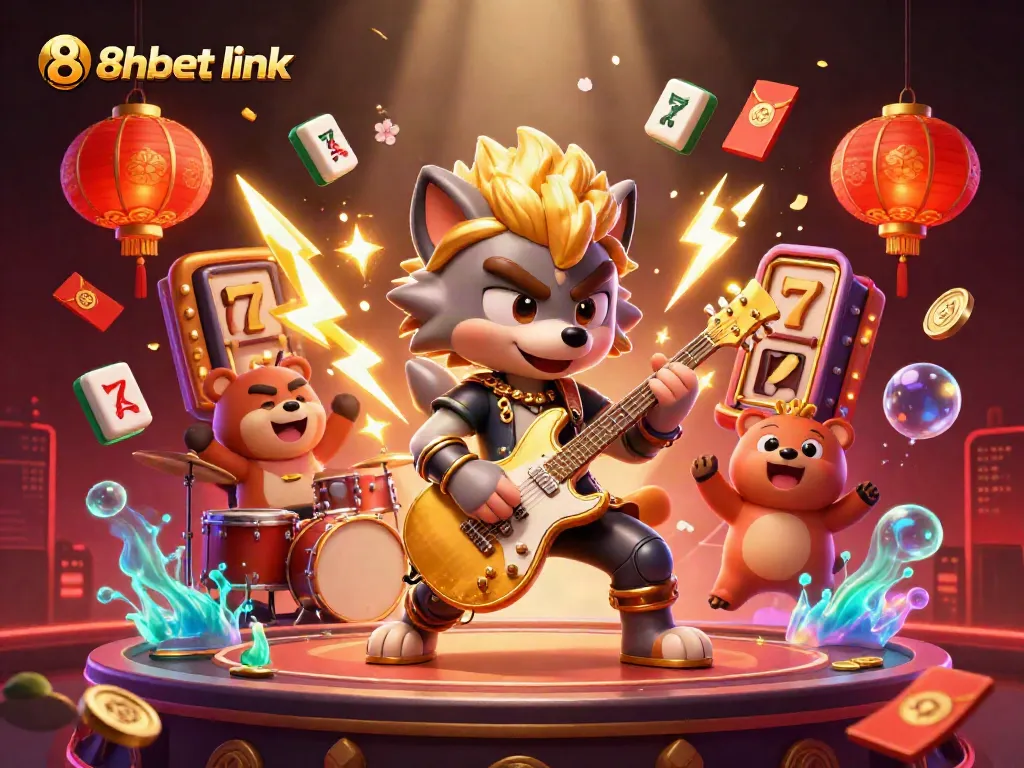 Engage with the vibrant casino scene featuring the 8xbet link, showcasing a rock star wolf and drummer bear amidst dynamic gambling elements.