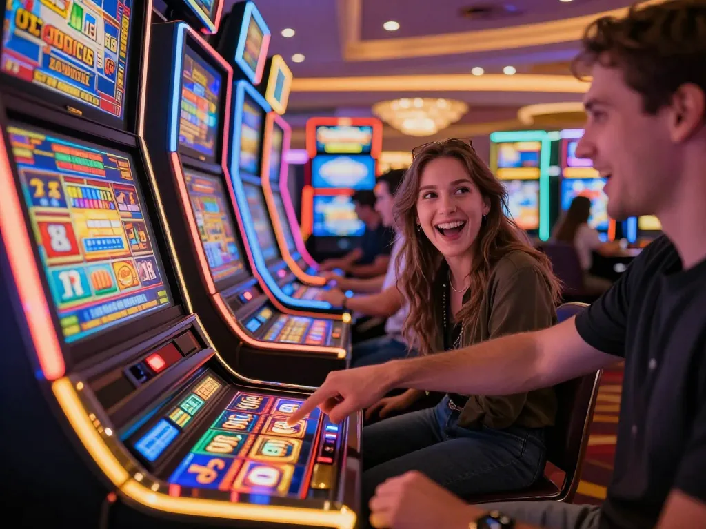 Engaging with vibrant slot machines at the best widget store in an exciting casino environment.
