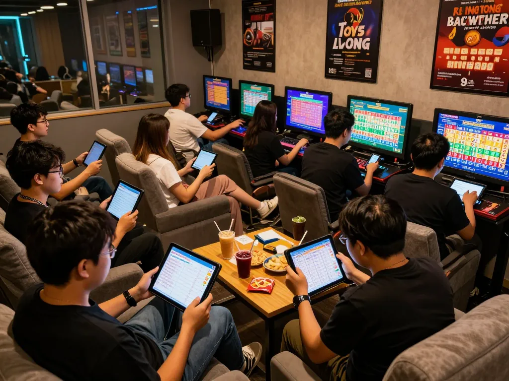 Engaging group checking HK Hari Ini lottery results in vibrant gaming lounge.