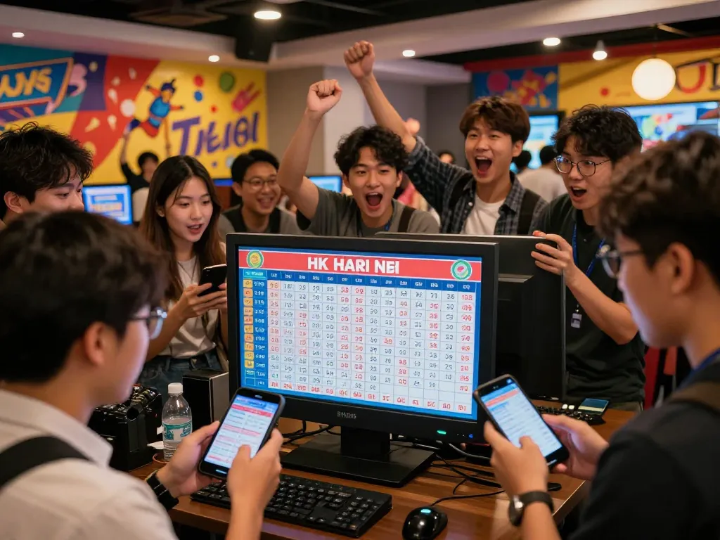 Excited lottery players celebrate as live HK Hari Ini results are displayed in a modern gaming lounge.