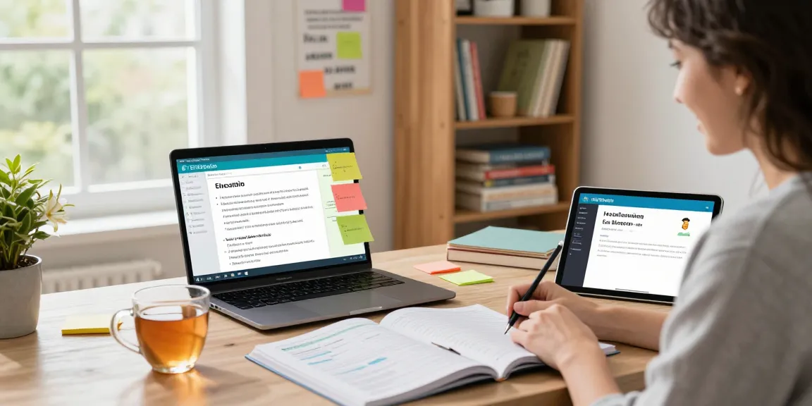 Engaged teacher using an online teacher planner EMStudio in a vibrant home office, showcasing classroom management and lesson planning.