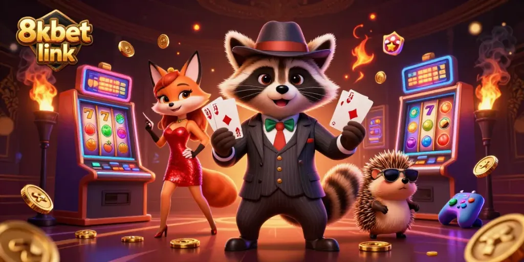 Engage with vibrant visuals of 8xbet link featuring dynamic casino scenes and lively characters.