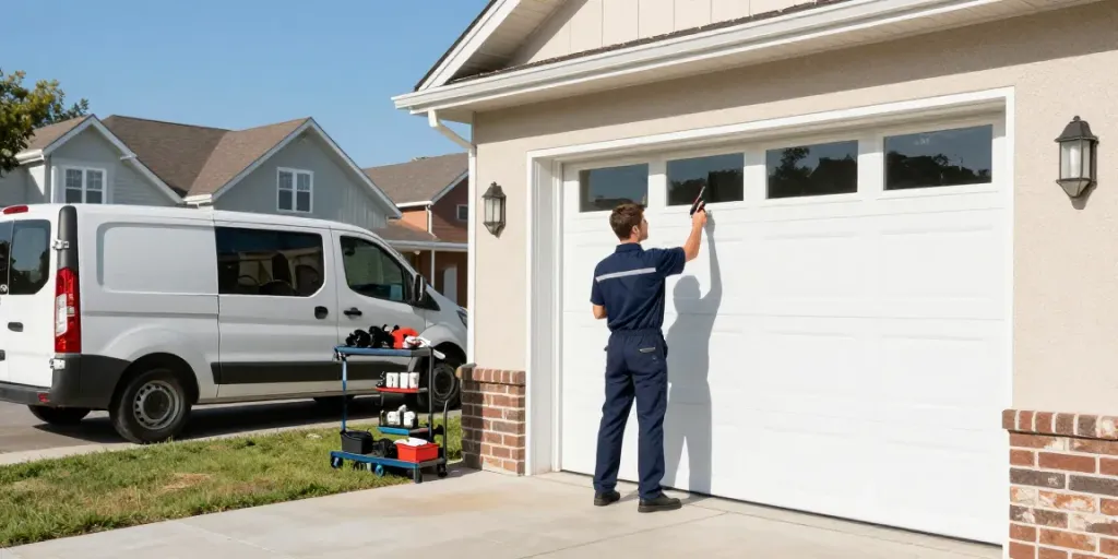 Fast commercial garage door repair technician diagnosing door issues in suburban setting.