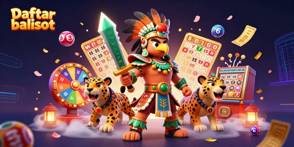 Experience thrilling moments with Daftar balisot as colorful lottery balls fly amidst Aztec warriors in a vibrant casino scene.