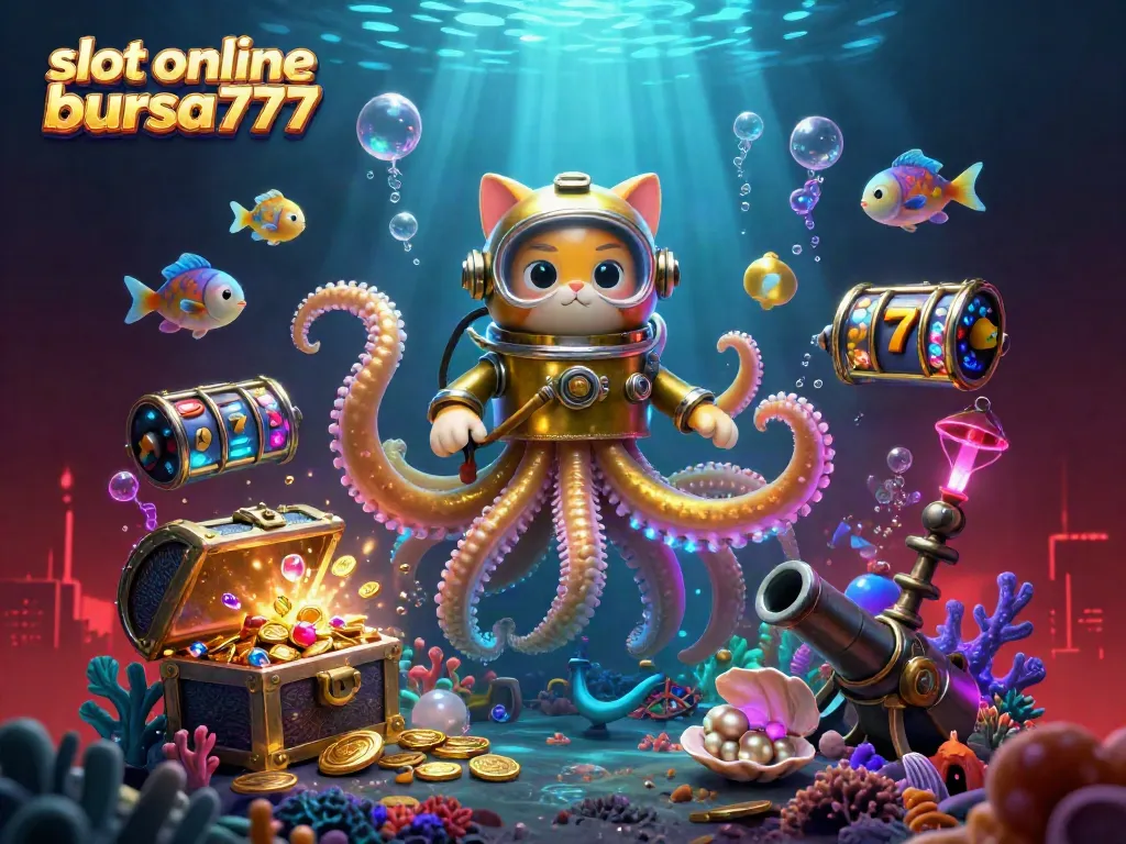 Permainan slot online bursa777 yang menegangkan dengan kraken dan kucing selam dalam ilustrasi 3D