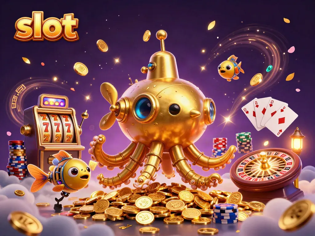 Unleash the excitement of slot gaming with a vibrant 3D kraken submarine surfacing through golden coins.