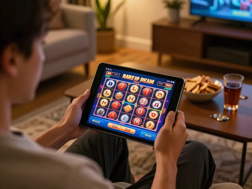 Player enjoying games on jus77 online casino app in a cozy home setting