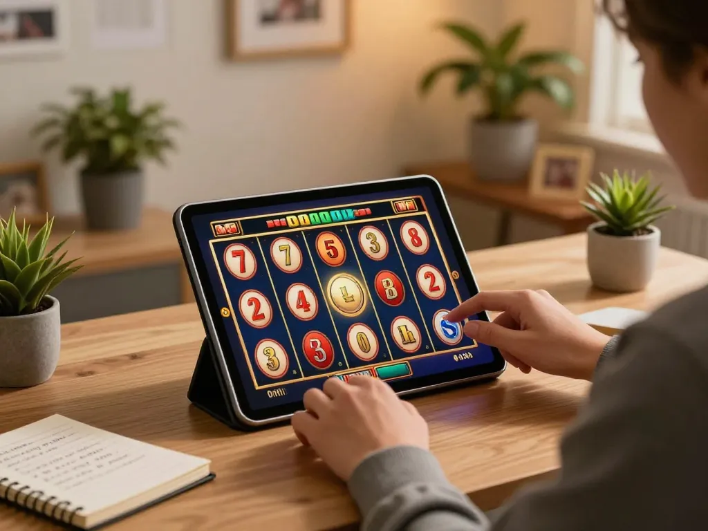 Player exploring exciting slot games on abc8go tablet in a cozy home setting.