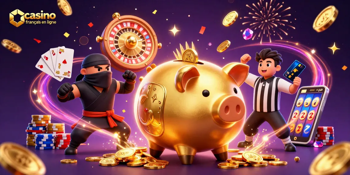 Découvrez l'excitation du casino français en ligne avec des personnages colorés et des pièces d'or en cascade.