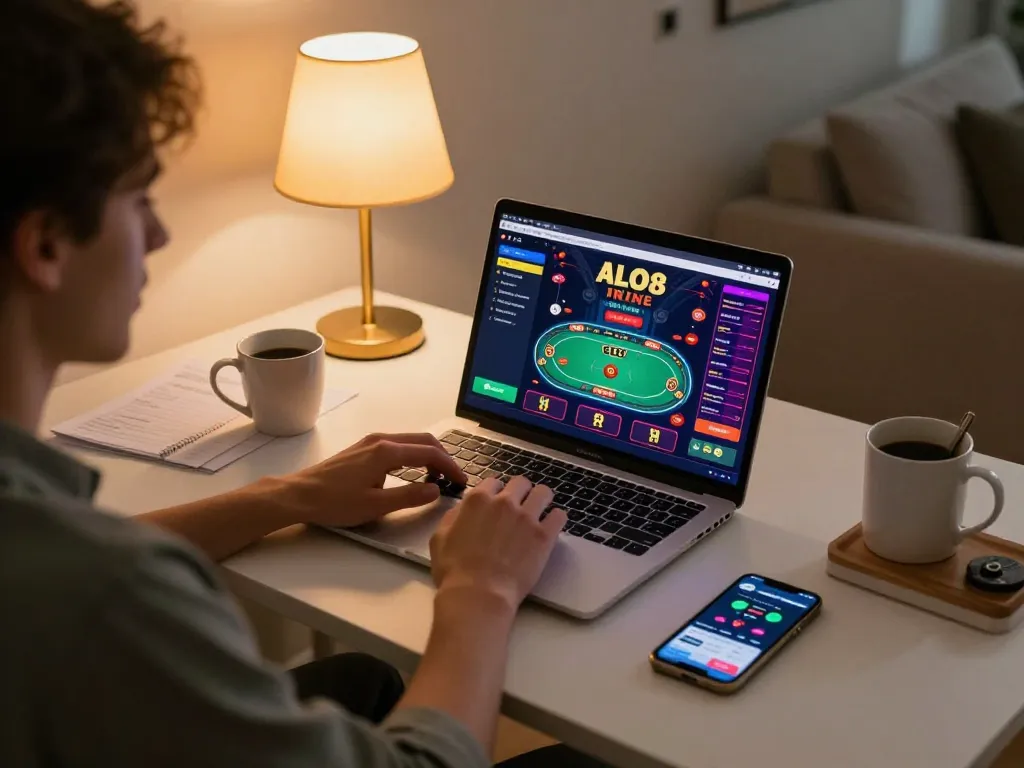 Engaged player using ALO8 casino interface on laptop while managing gaming notes and a smartphone
